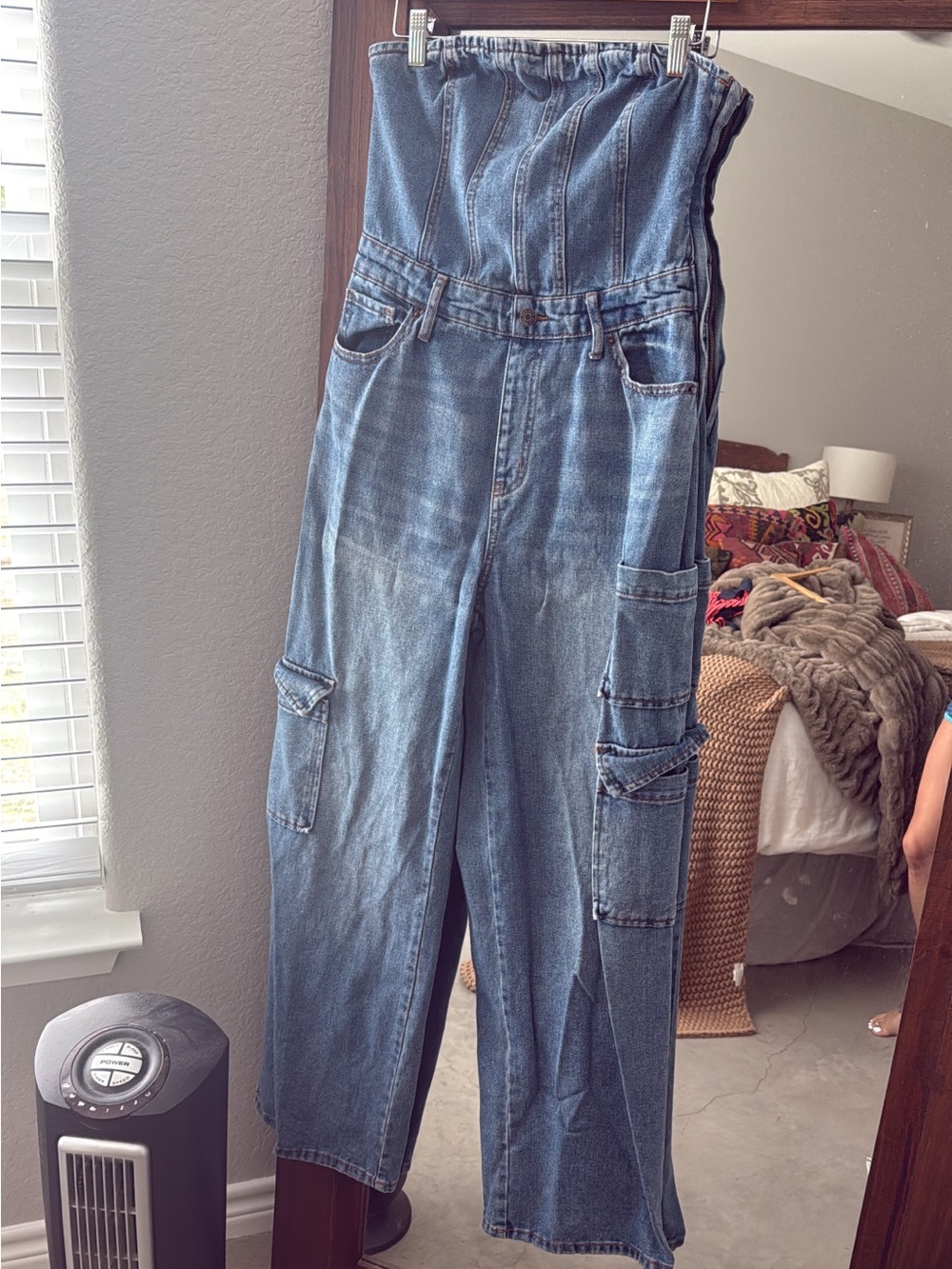 High-Waist Denim Cargo Overalls - Medium Blue